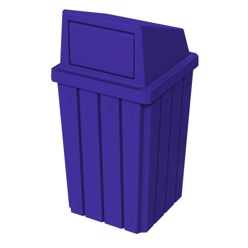 32 Gallon Square Slatted 100% Recycled Plastic Heavy-Duty Commercial Outdoor or Indoor Trash Can with Push Top Lid | Great for Schools and Businesses - Blue