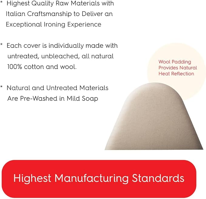 TIVIT Ironing Board Cover 14 x 49 Small Chemical Free Eco-Friendly Padded Covers - Unbleached, Untreated Natural Cotton & Wool Pad - 2 Layer, 3 Fastener Straps, Pull Bungee Cord - Made in Italy