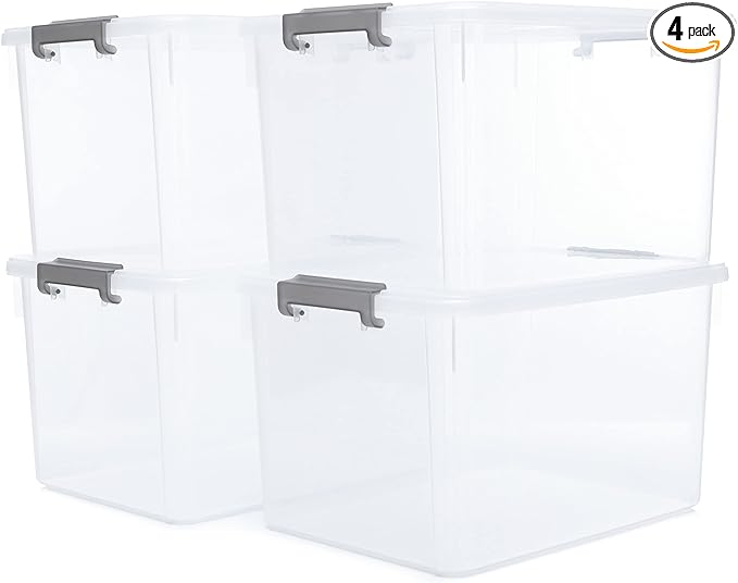 Citylife 32 QT Plastic Storage Bins with Latching Lids Stackable Storage Containers for Organizing Large Clear Storage Box for Garage, Closet, Kitchen, 4 Packs