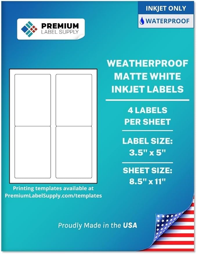 Premium Label Supply Waterproof Matte White Sticker Labels – 3.5" x 5" – Inkjet Printers Only – (4 per Sheet), 25 Sheets - 100 Total Adhesive Labels