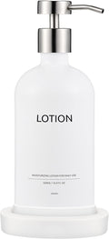 Glass Soap Dispenser Set by Janxin,Bathroom Soap Dispenser Set with Ceramic Tray,Luxury Bathroom Accessories,Modern Kitchen Decor (White+Silver(Lotion))