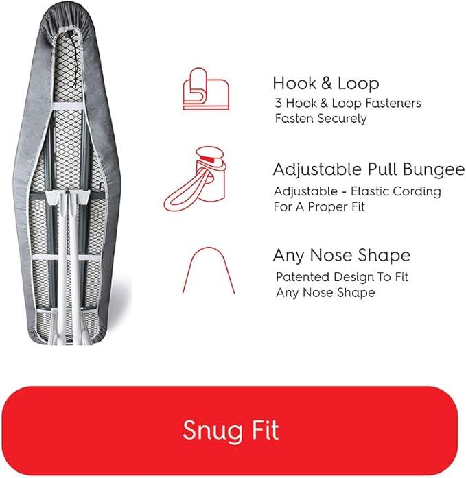 TIVIT Ironing Board Cover 10 x 32, Made in Italy. Pro Grip Pad Covers w/3 Fastener Straps & Pull Bungee Cord - Durable Scorch & Stain Resistant Padded Layers, Heat Reflective AlumiTek PRO Top Coat