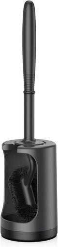 HAMITOR Toilet Bowl Brush Holder Set: Curved Design with Holder for Deep Cleaning Under Rim - Compact Hidden Scrubber for Small Space - Modern RV Bathroom Accessories - Black