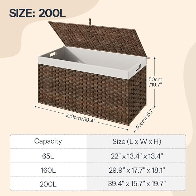 HOOBRO Storage Basket with Lid, 52.8 Gallon (200L) Wicker Basket, Handwoven Blanket Storage Basket with Handles, Metal Frame and Soft Lining, Foldable for Bedroom, Laundry Room, Brown BR220CW01