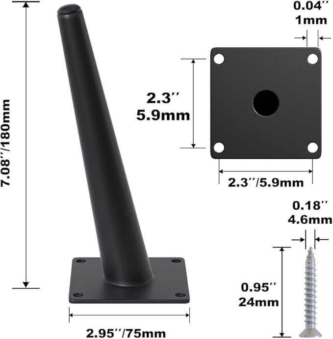 4PCS 7 Inch Matte Black Tapered Angled Legs for Furniture, Metal Mid Century Mordern Feet, Heavy Duty Slanted Stand Legs Kit for Couch, Coffee Table, Desk, Dresser, Sofa, Chair