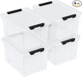 23 L Clear Plastic Storage Box with Lid, Stackable Lidded Storage Bin Container with Wheels and Secure Latching Buckles, 4 Packs