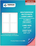 Premium Label Supply Waterproof Matte White Sticker Labels – 3.5" x 5" – Laser Printers Only – (4 per Sheet), 25 Sheets - 100 Total Adhesive Labels