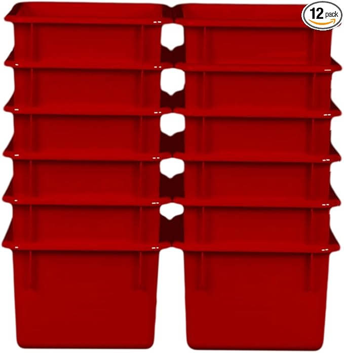Wood Designs Cubby Storage Bin, Heavy Duty Plastic Containers for Kids Red Cubby Tray Set of 12