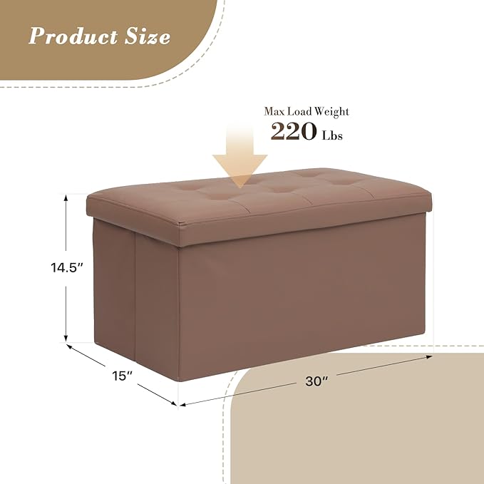 Athena Collection 30" Storage Ottoman Bench Folding Bench with 90L Hidden Storage, Large End of Bed Bench PU Leather Foot Rest Stool Chest with Flipping Lid for Living Room, Bedroom, Entryway, Brown