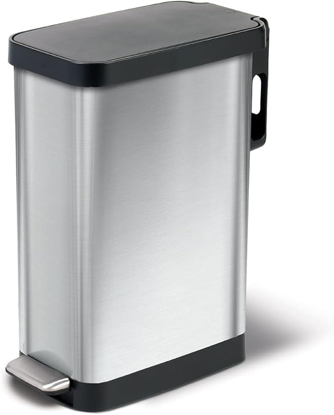 Glad Slim Trash Can with Clorox Odor Protection - Narrow Kitchen Garbage Bin with Soft Close Lid, Step On Foot Pedal and Waste Bag Roll Holder, Stainless Steel, 45 Liter