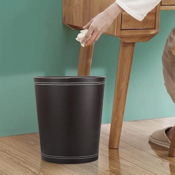 KINGFOM 3 Pack PU Leather Small Office Trash Can Wastebasket, Round Garbage Container Bin for Bathrooms, Powder Rooms, Kitchens, Home, Bedroom, High-Class Hotel, Black