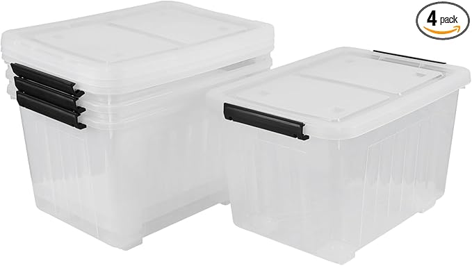 30 Quart Clear Plastic Latch Storage Bins with Wheels, 4-Pack Wheeled Clear Storage Totes