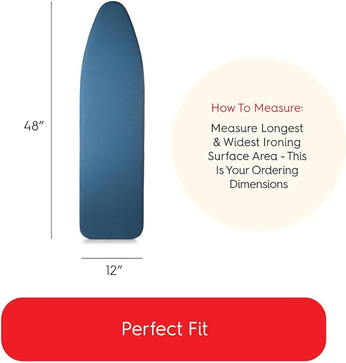 TIVIT Ironing Board Cover 12 x 48, Performance Grade Titanium Coated Pro Grip Pad & Covers - Superior Scorch & Stain Resistance, High Heat Reflection, 3 Padded Layers 3 Fastener Straps - Made In Italy
