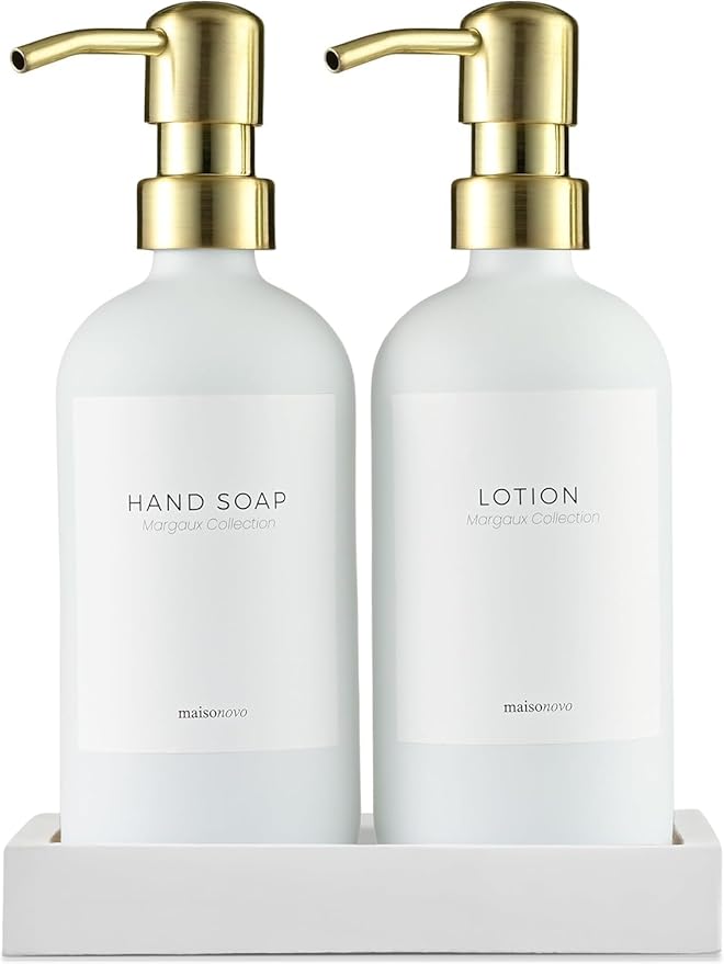 MaisoNovo Soap Dispenser 3-Piece Set | 16.9oz White Bottles with Gold Stainless Steel Pumps