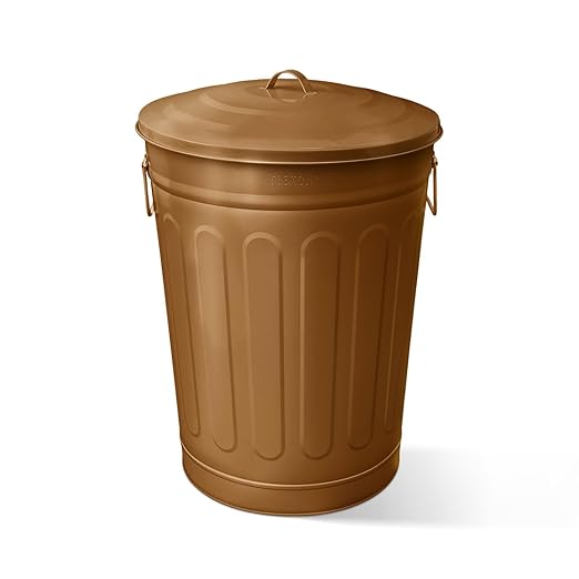 Plexon Round Trash Can 13 Gallon, Vintage Metal Outdoor Trash Can with Lid, Retro Farmhouse Garbage Container, Old School Modern Ash Bucket, Copper