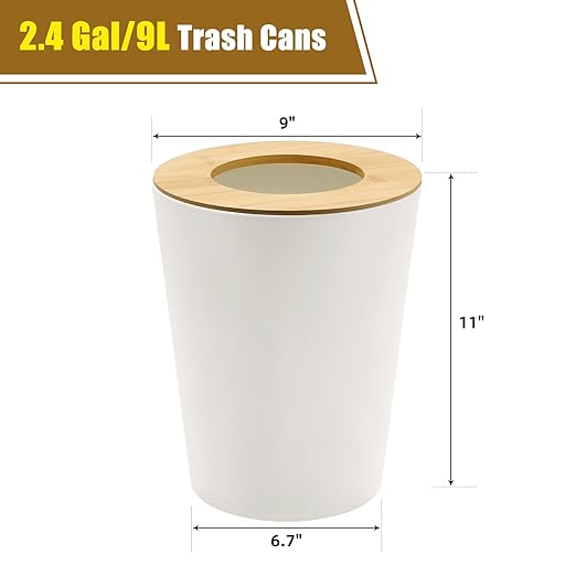 White Trash Can for Bedroom with Bamboo Lid, 2.4 Gallon Open Top Trash Can 2 Pack, Modern Aesthetic Garbage Can for Room Office Living Room, Small Bathroom Trash Bin Boho Style