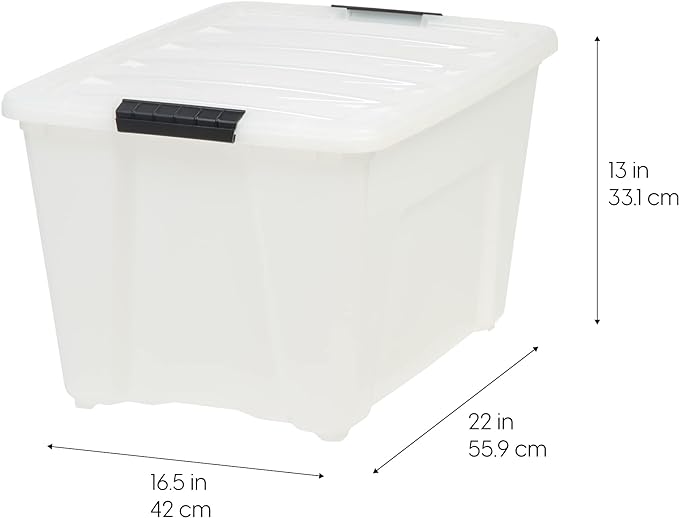 IRIS USA 54 Qt Stackable Plastic Storage Bins with Lids, 4 Pack - BPA-Free, Made in USA - Discreet Organizing Solution, Latches, Durable Nestable Containers, Secure Pull Handle - Pearl