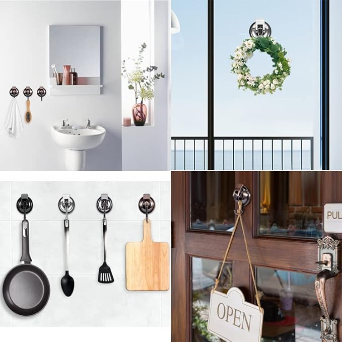 Heavy Duty Vacuum Wreath Cup Hook, Easy to Install and Remove, No Hole Punched,Black- Plated Plished Super Suction for Kitchen, Bathroom and Restroom, 2Pack