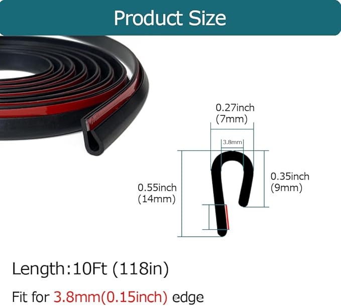 Rubber Edge Trim Black, U Channel Rubber Seal Strip with Self-Adhesive Tape, Metal Edge Protector Fit for 0.15", 10Ft (118in)