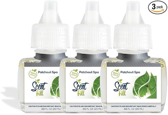 Scent Fill 100% Natural Patchouli Spa Plug in Air Freshener, Scented Oil Refills, 3 Refills
