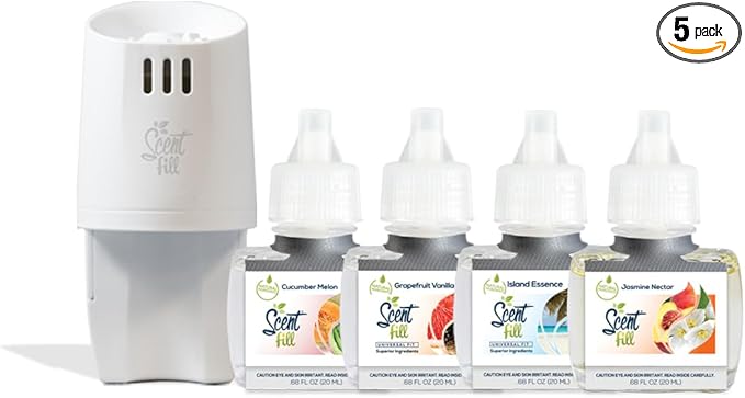Summer Scent Fill Plug in Air Freshener Kit (Cucumber Melon, Grapefruit Vanilla, Island Essence, and Jasmine Nectar), 4 Refills + Diffuser