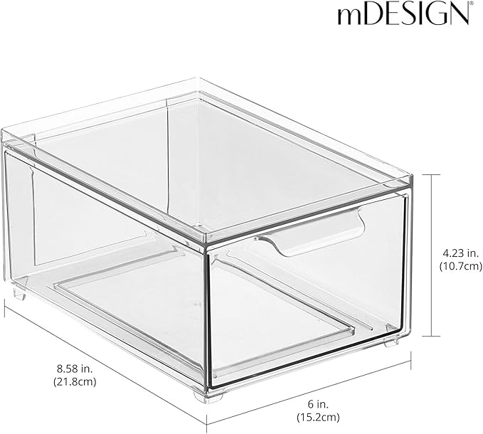 mDesign Stackable Storage Containers Box with Pull-Out Drawer - Stacking Plastic Drawers Bins for Kitchen Pantry and Cupboard, Cabinet, Counter, Island and Tables - Lumiere Collection - 2 Pack - Clear