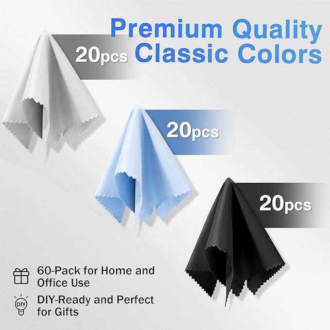 60-Pack Microfiber Cleaning Cloths for Glasses, 6x7 Inch Premium Lens Cleaning Cloth for Screens, Cameras, Eyeglasses, Cell Phone, LCD TV Screens，Black，Grey and Light Blue