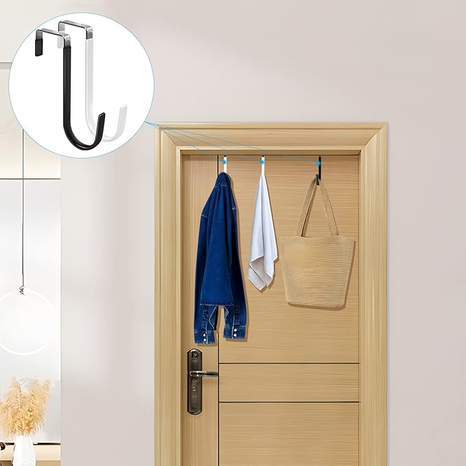 FYY 6PCS Over The Door Hooks, Door Hangers Hooks with Rubber Prevent Scratches Heavy Duty Organizer Hooks for Living Room, Bathroom, Bedroom, Kitchen Hanging Clothes, Towels, Hats, Bags Black+White