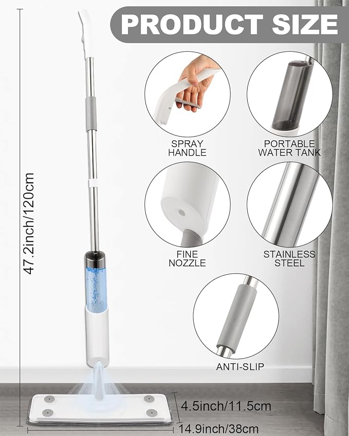 Spray Mop for Floor Cleaning Refillable Bottle with 2 Washable Reusable Microfiber Pads,Mop for Wooden,Bamboo, and Cement Floors Suitable for Both Household(with Rags)