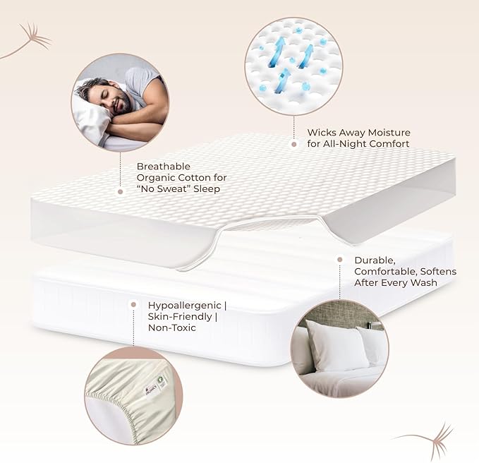 100% Cotton Organic Mattress Pad - Breathable & Cooling Mattress Protector Queen Size - Premium 300GSM Quilted and Noiseless Machine Washable Organic Mattress Protector (Ivory, Queen)