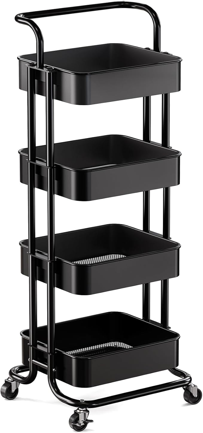 Pipishell 4 Tier Mesh Utility Cart, Rolling Metal Organization Cart with Handle and Lockable Wheels, Multifunctional Storage Shelves for Kitchen Living Room Office White, PIUC12W