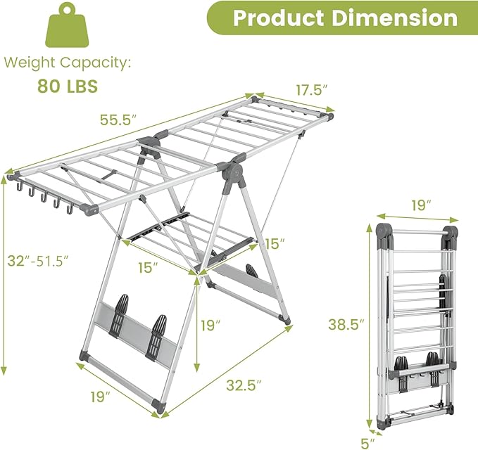 Giantex Clothes Drying Rack, 2-Layer Aluminum Foldable Laundry Drying Rack with 5-Level Adjustable Height, 21 Drying Rails, 10 Side Clips, 4 Shoe Holders, Space Saving Collapsible Laundry Drying Rack