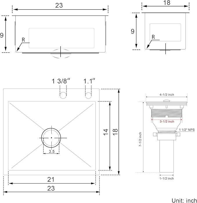 23x18 Inch Kitchen Sink, Handmade 304 Stainless Steel Sink, 9" Deep Single Bowl with Brushed Finish, Topmount with 2 Holes, R10 Tight Corner, for Modern Kitchen/RV/Outdoor Sink