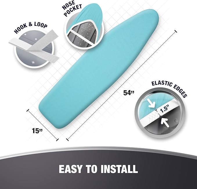 Extra Thick Ironing Board Covers with Pad Standard Size 15x54, Heat Reflective Full Scorch Resistant Padding, Snug Fit Non-Slip Nose Pocket Fastener Straps Elastic Edges, Turquoise