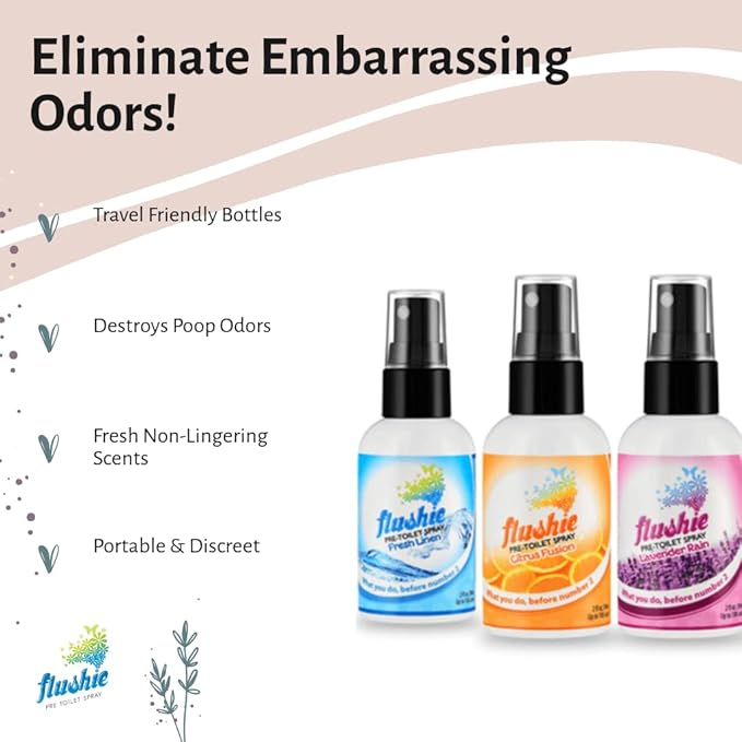 Flushie Pre-Toilet Spray for Poop Travel Size Toiletries Bathroom Spray for Poop Spray for Toilet Deodorizer Traveling Essentials Poop deodorizer Poop Odor eliminator 4oz (Assorted Mix, 4 Pack)