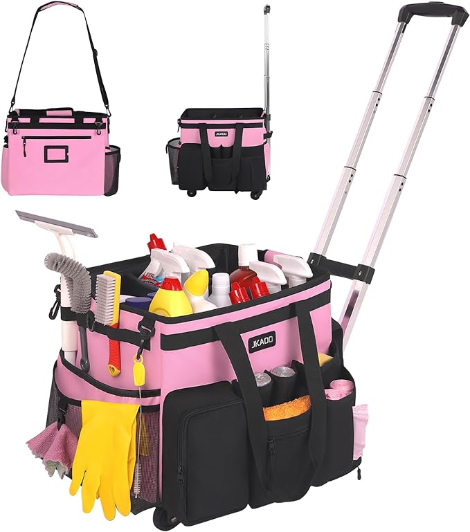Large Rolling Cleaning Caddy Bag with Detachable Trolley, Waterproof Cleaning Caddy on Wheels for Housekeepers, Cleaning Cart Supplies Organizer for Home,Car,Office,Picnic (Pink) (in Patent)