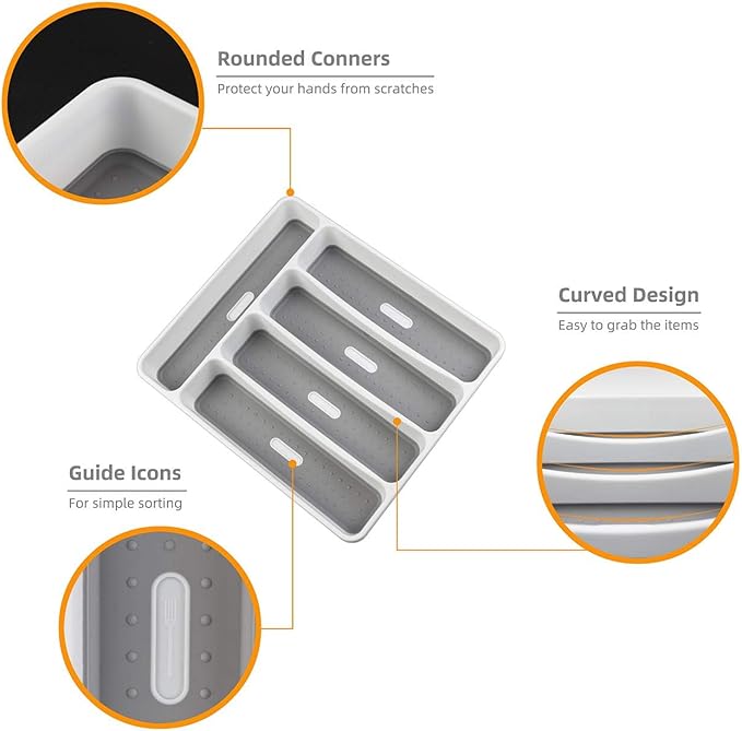 LeMuna Silverware Tray for Drawer, Plastic Cutlery Tray Kitchen Drawer Organizer, 5 Compartment Flatware Cutlery Organizer, Soft-Grip Lining and Non-Slip Rubber Feet