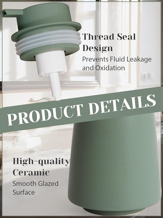 INGOFIN Ceramic Foaming Soap Dispenser -14 oz Foam Hand Soap Dispenser Bathroom Modern Refillable Dish Wash Bottle for Kitchen with Large Pump Matte Green