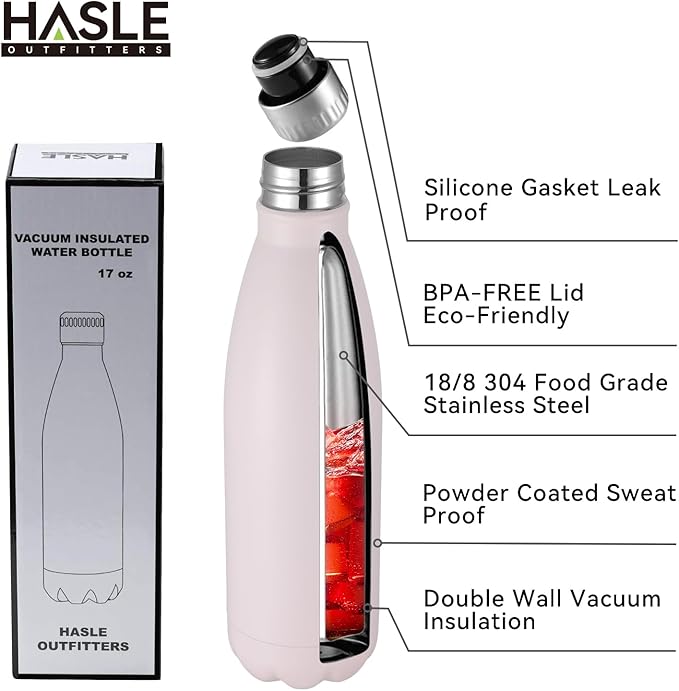 HASLE OUTFITTERS 17oz Stainless Steel Water Bottles Bulk, Vacuum Insulated Water Bottles Double Walled Powder Coated Reusable Metal Sports Water Bottles Keep Drinks Hot and Cold,Pink,4Packs