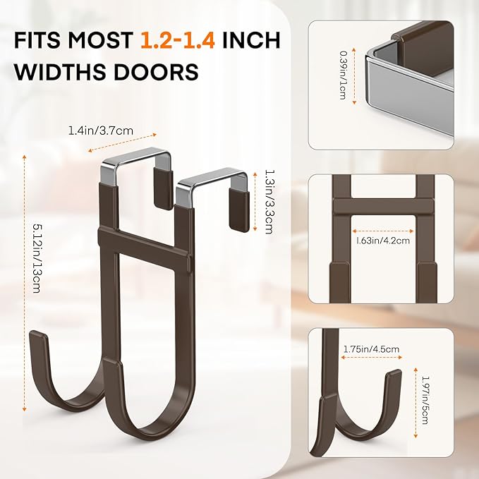 FYY Over The Door Hooks - 4 Pack Heavy Duty Dual-Hook Organizer Hanger with Non-Slip Rubber for Towels, Clothes, Hats & Bags Use in Bathroom, Bedroom, Kitchen - Fits Interior Doors Up to 1 3/8" Brown