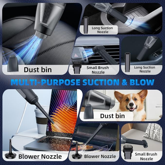 PATO Handheld Vacuum, 13000PA Portable Cordless Car Vacuum Cleaner, Suction and Blow 2-in-1 Dust Removal Vacuum Cleaner for Car, Home, Office, Pet.