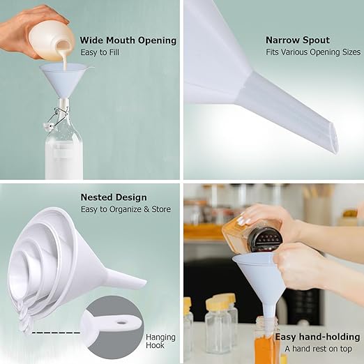 6 Pack Funnels for Kitchen Automotive Use Filling Bottles, Plastic Funnels Assorted 4 Sizes, Silicone Collapsible Funnel Set 2 Small and Large for Liquids, Oils, Powders Transfer, Cooking