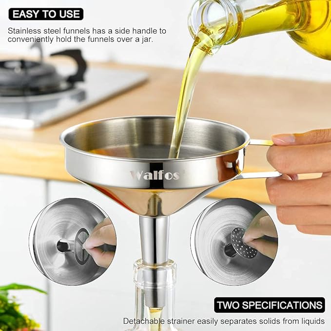 Stainless Steel Funnel, Walfos Kitchen Funnel with 2 Removable Strainer ＆ 1Pc Cleaning Brush, Perfect for Transferring of Liquid, Oils, Jam, Dry Ingredients & Powder (4.1")