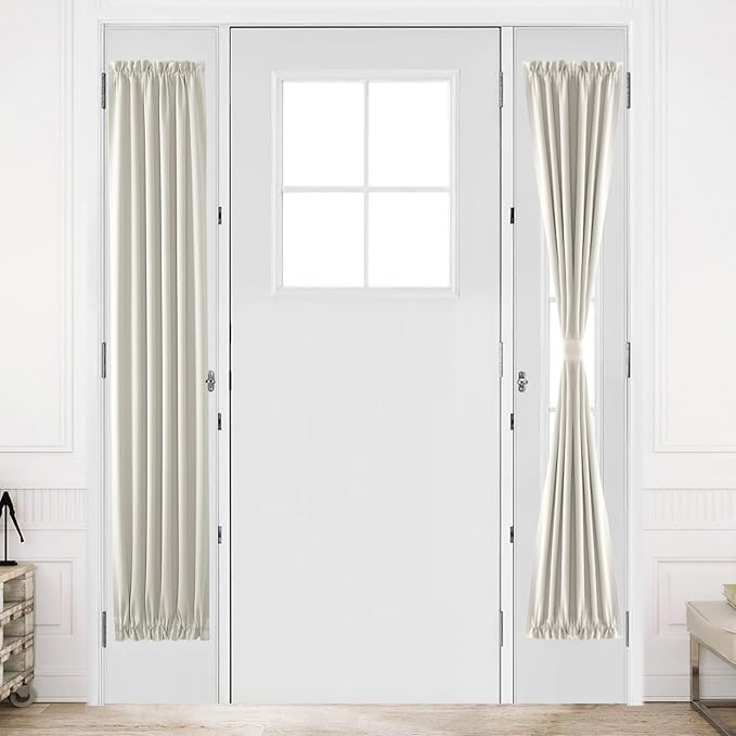 DWCN French Door Curtains – Rod Pocket Thermal Blackout Curtain for Doors with Glass Window, Kitchen and Patio Doors for Privacy, 12 X 72 Inches Long, 1 Curtain Panel with Tieback, Ivory