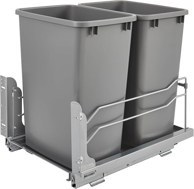Rev-A-Shelf Double Pullout Trash Cans for Under Kitchen Cabinets 35 Quart 8.75 Gallon with Soft-Close Slides, Metallic Silver, 53WC-1835SCDM-217