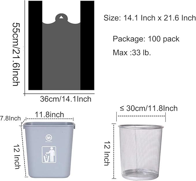 YYaaloa 100 pcs Black Trash Bags with Handles - 14x22 Super Thick 1.8mil Plastic Rubbish Bags for Office, Picnic, Kitchen, Bulk Use