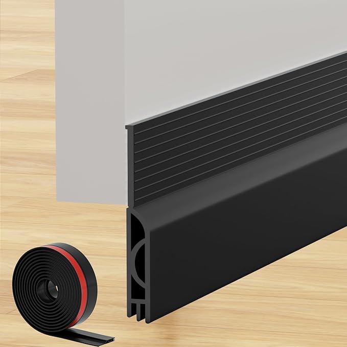 Under Door Draft Stopper, Self-Adhesive Door Sweep for Bottom of Door, Weather Stripping Doors Seal Soundproofing Insulation Strip, Doors Bottom Gap Blocker for Exterior/Interior (2M, Black)