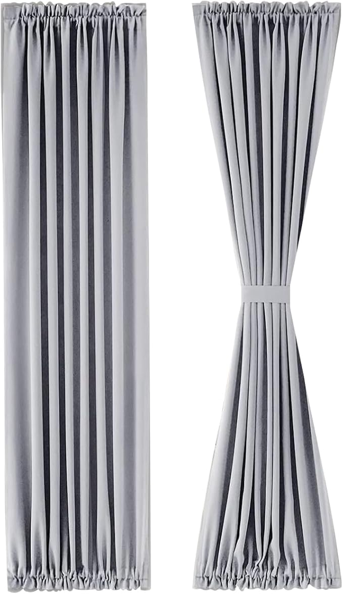 DWCN French Door Curtains – Rod Pocket Thermal Blackout Curtain for Doors with Glass Window, Kitchen and Patio Doors for Privacy, 25 X 72 Inches Long, 1 Curtain Panel with Tieback，Silver Grey