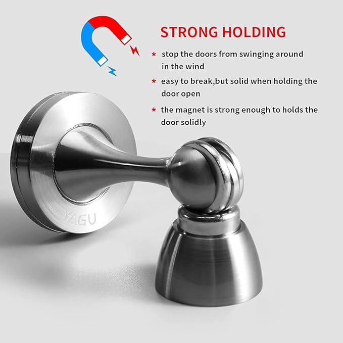 YAGU Silver Door Stopper 4 Pack Magnetic Door Stops Zinc Alloy Brushed Nickel Door Catch Door Holder Wall Floor Mounted Metal Soft-Catch