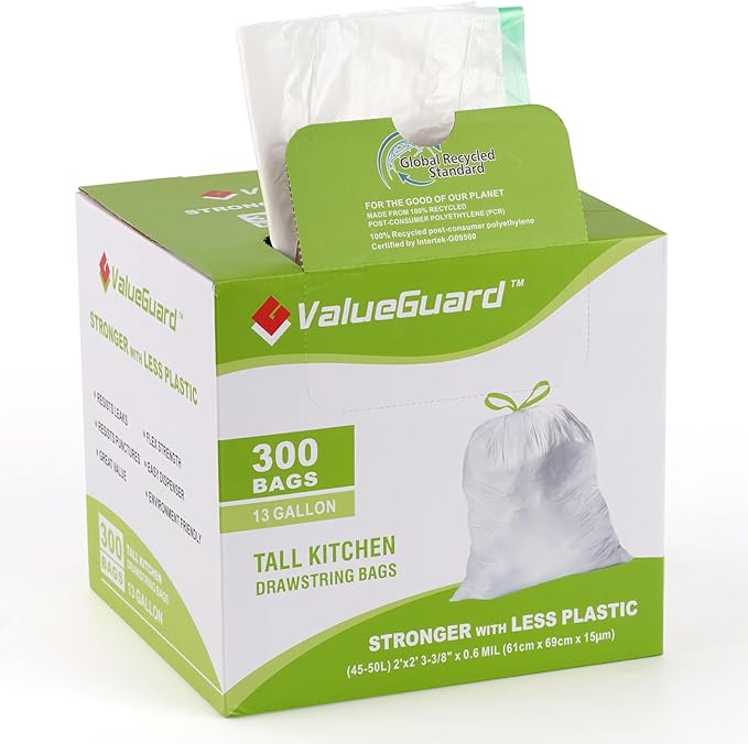 Large Trash Bags 13 Gallon Tall Drawstring 100% Post-Consumer Recycled Garbage Bag Waste Bag for Kitchen Office 0.6 Mil (300 Count)
